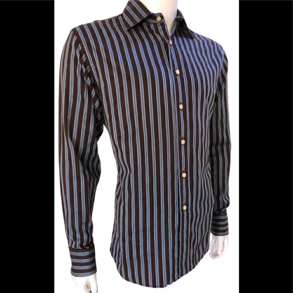 Rufus Dress L/S Shirt w/Brown and Light Blue Stripes with French Cuffs Size M